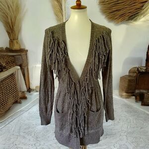 Fringe Wool Blend Duster Sweater Charcoal Gray Grey M Medium V Cristina Women